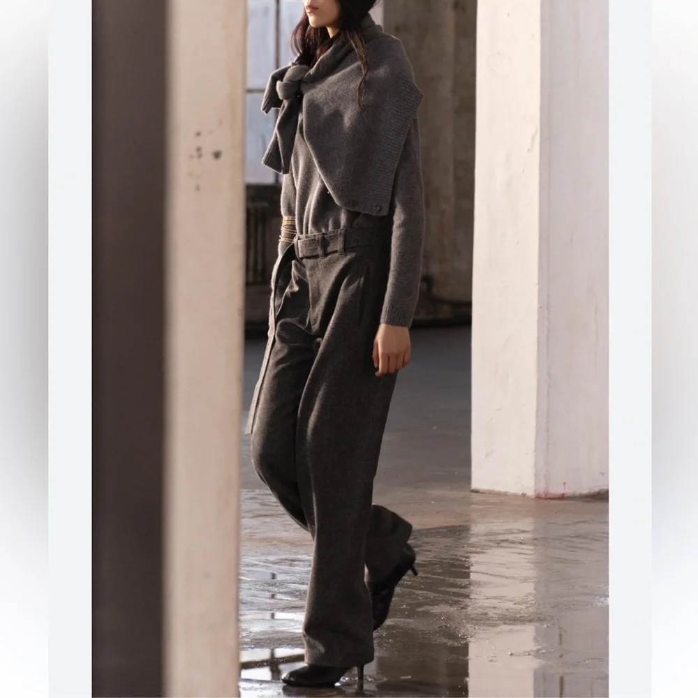 Zara Wool Blend Wide Leg Mid Rise Pants ZW Collection Gray Marl size XS NWT - Picture 9 of 16